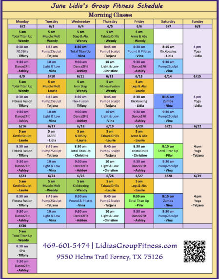 Morning Schedule for Lidia's Group Fitness | Forney, TX
