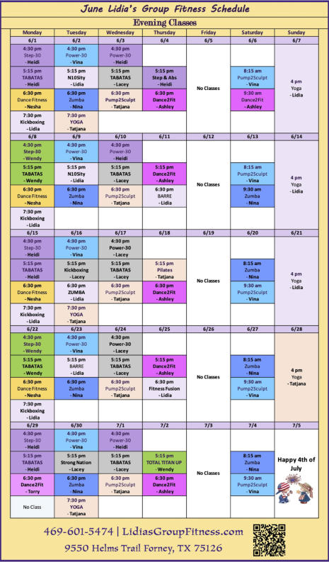 Evening Schedule for Lidia's Group Fitness | Forney, TX