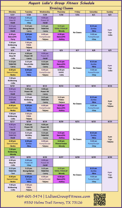 Evening Schedule for Lidia's Group Fitness | Forney, TX