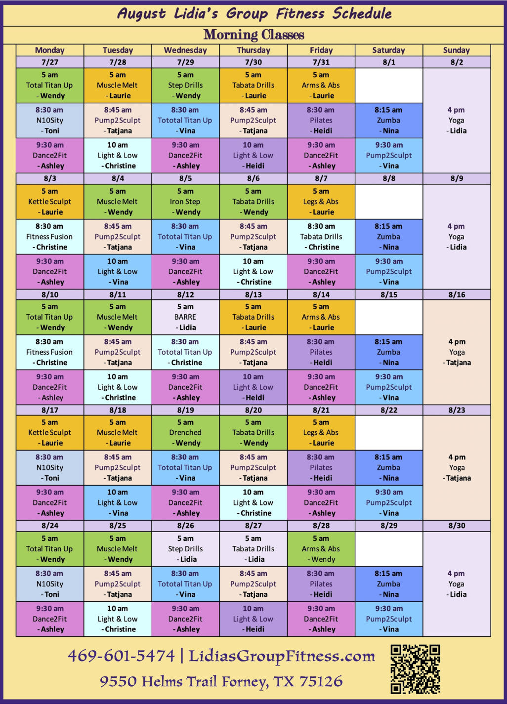 Morning Schedule for Lidia's Group Fitness | Forney, TX