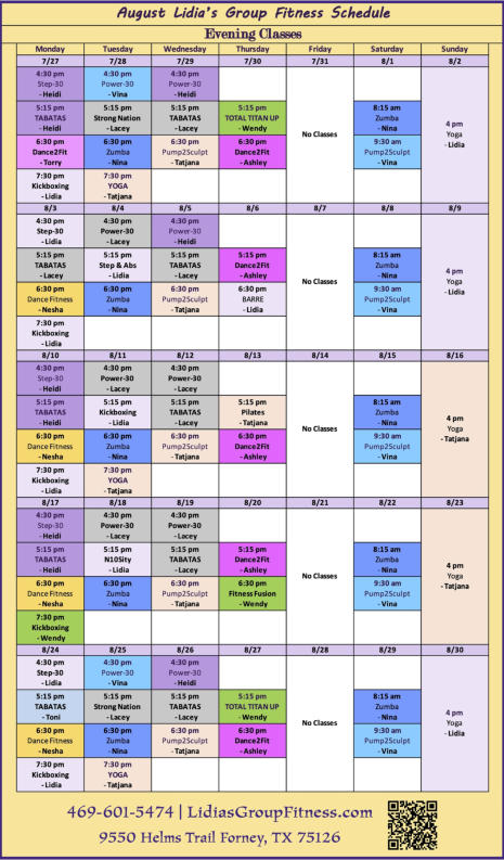 Evening Schedule for Lidia's Group Fitness | Forney, TX